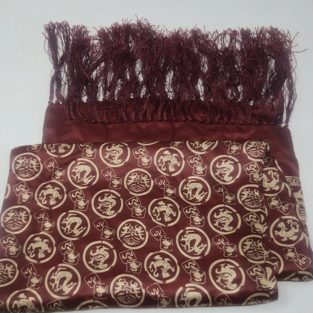Vintage 100% Silk Scarf Burgundy Gold Dragon Medallions Tassel Fringe 48